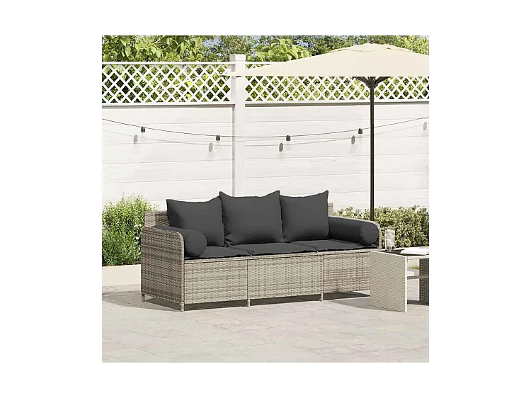 Canapé de jardin et coussins 3 places gris clair résine tressée