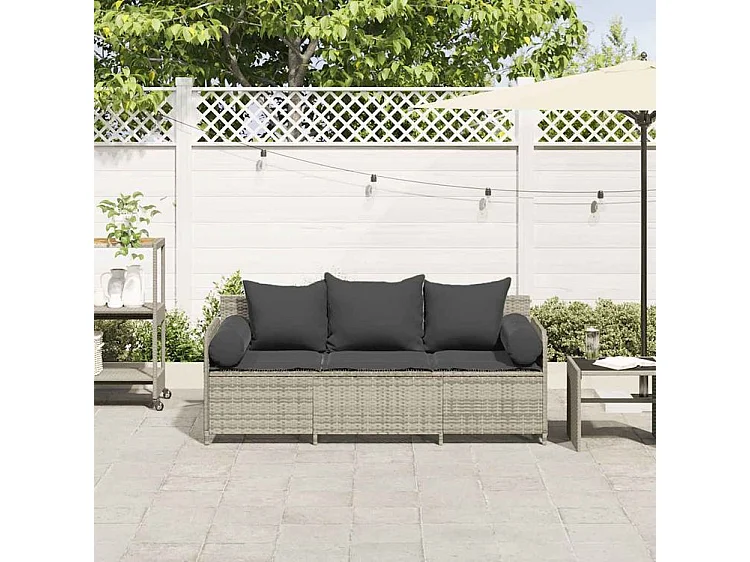 Canapé de jardin et coussins 3 places gris clair résine tressée