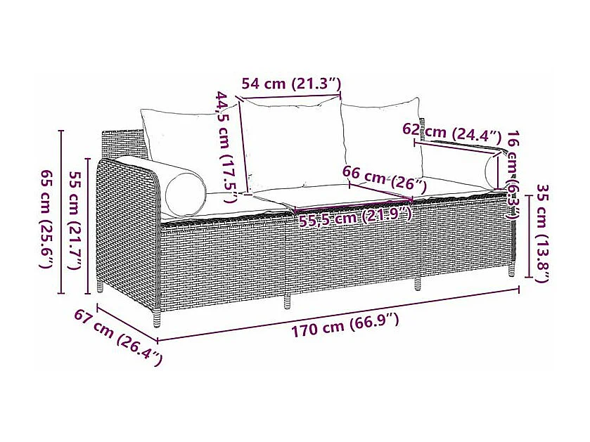 Canapé de jardin et coussins 3 places gris clair résine tressée