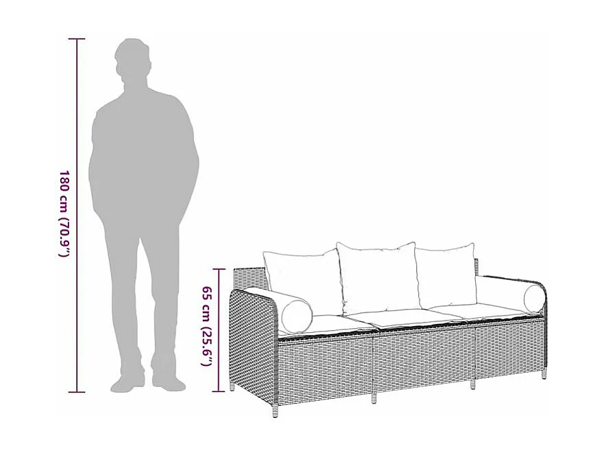 Canapé de jardin et coussins 3 places gris clair résine tressée