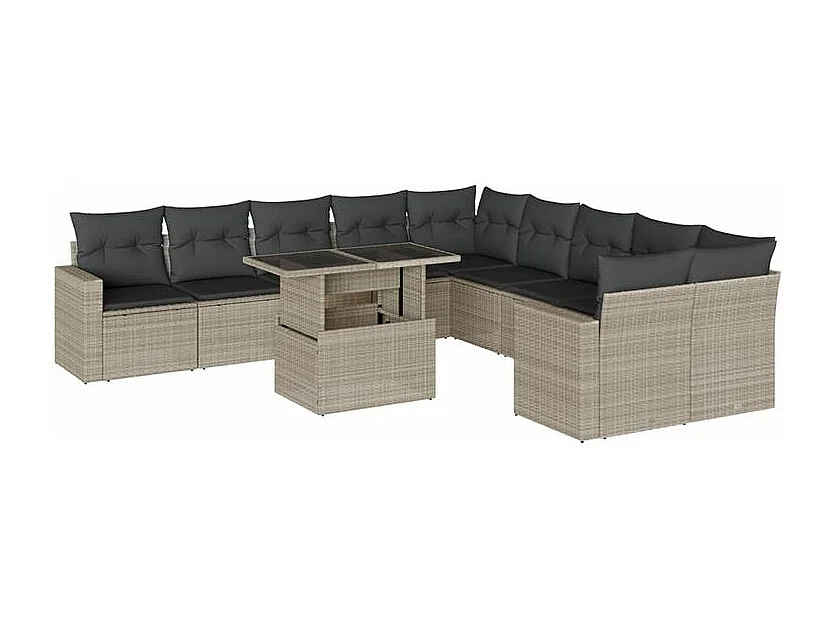 Salon de jardin 11 pcs avec coussins gris clair résine tressée