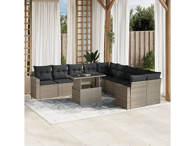 Salon de jardin 11 pcs avec coussins gris clair résine tressée