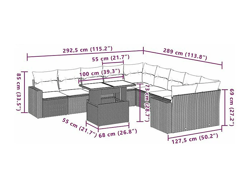 Salon de jardin 11 pcs avec coussins gris clair résine tressée