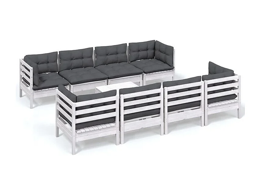 Salon de jardin 9 pcs avec coussins bois de pin massif