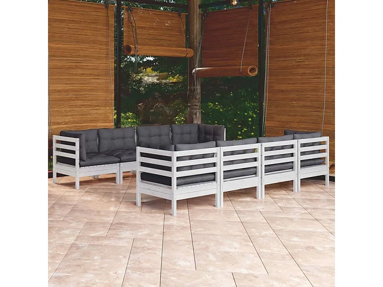 Salon de jardin 9 pcs avec coussins bois de pin massif
