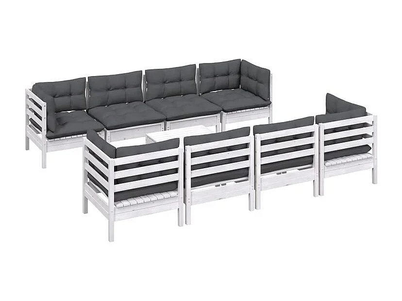 Salon de jardin 9 pcs avec coussins bois de pin massif