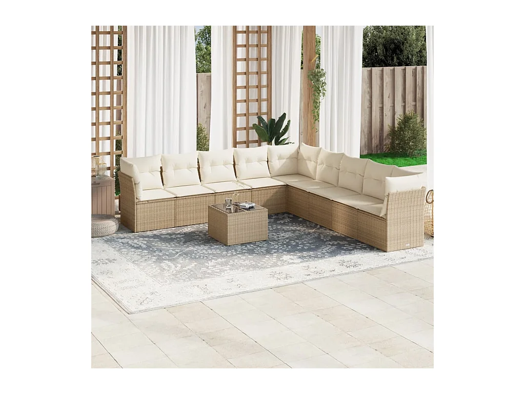 Salon de jardin avec coussins 10 pcs beige résine tressée