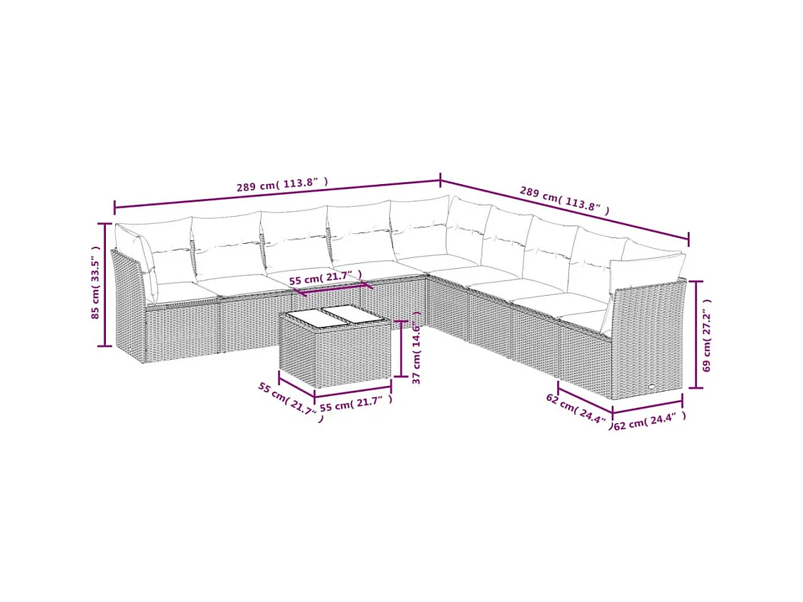 Salon de jardin avec coussins 10 pcs beige résine tressée