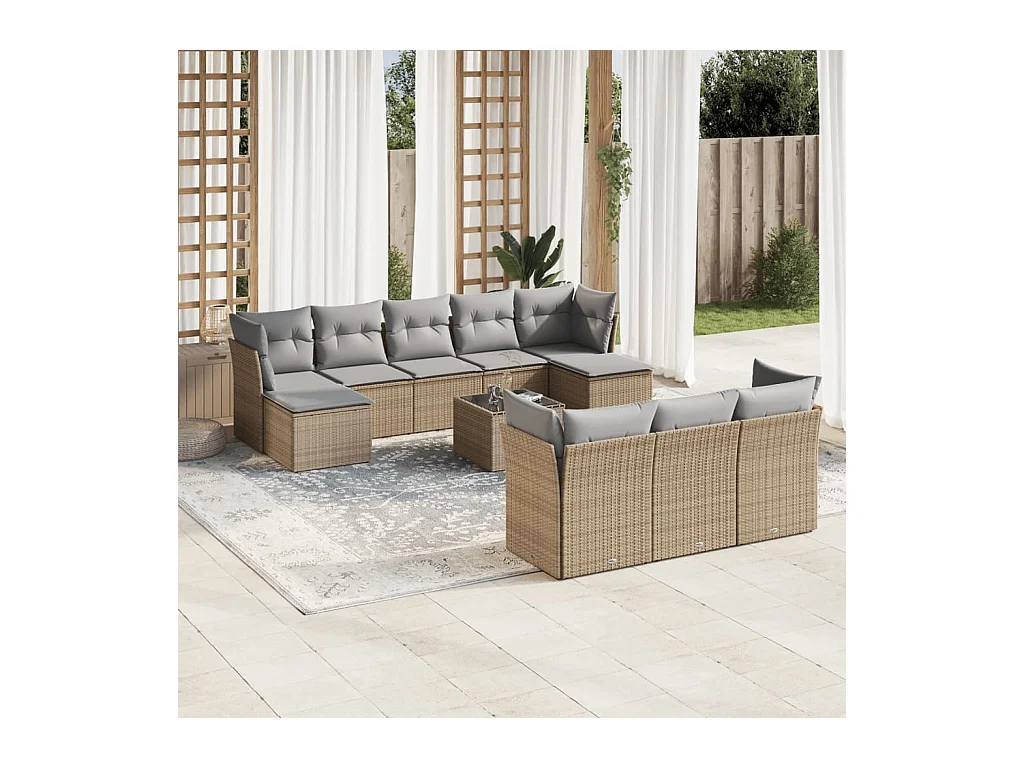 Salon de jardin 11 pcs avec coussins beige résine tressée
