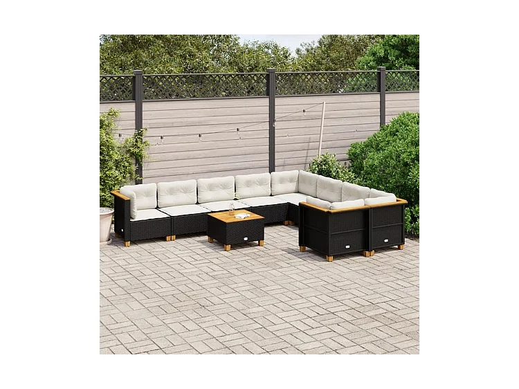 Salon de jardin 10 pcs avec coussins noir résine tressée