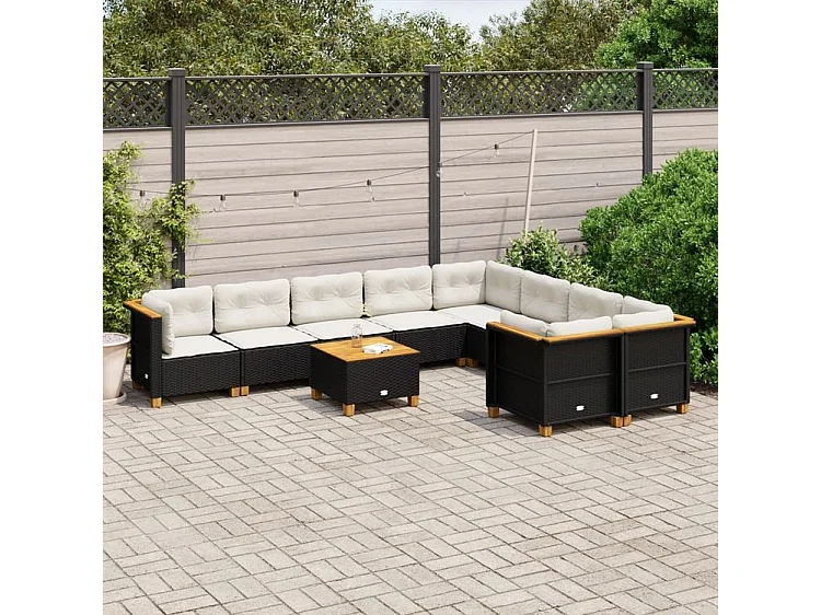 Salon de jardin 10 pcs avec coussins noir résine tressée