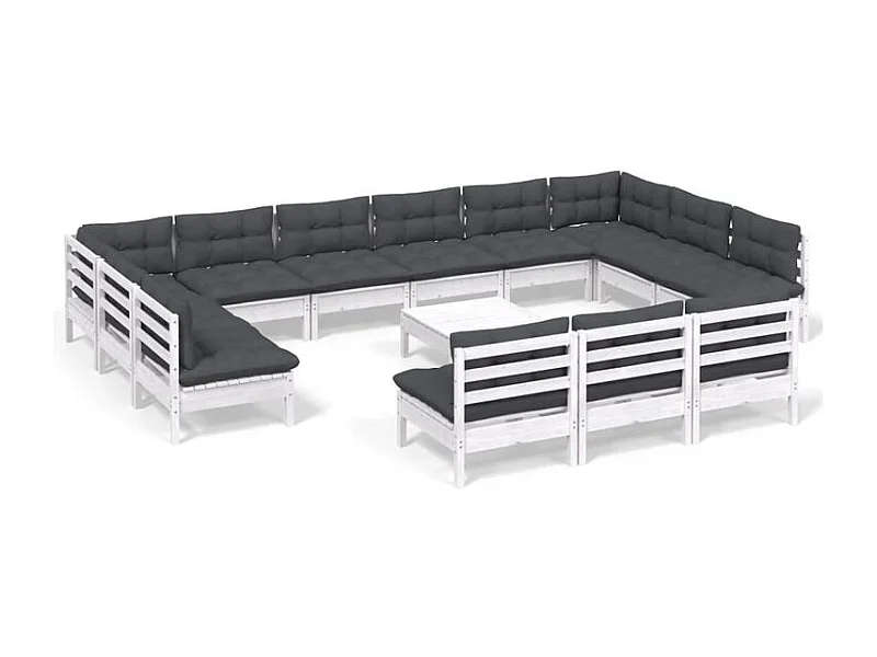 Salon de jardin 14 pcs avec coussins blanc bois de pin solide