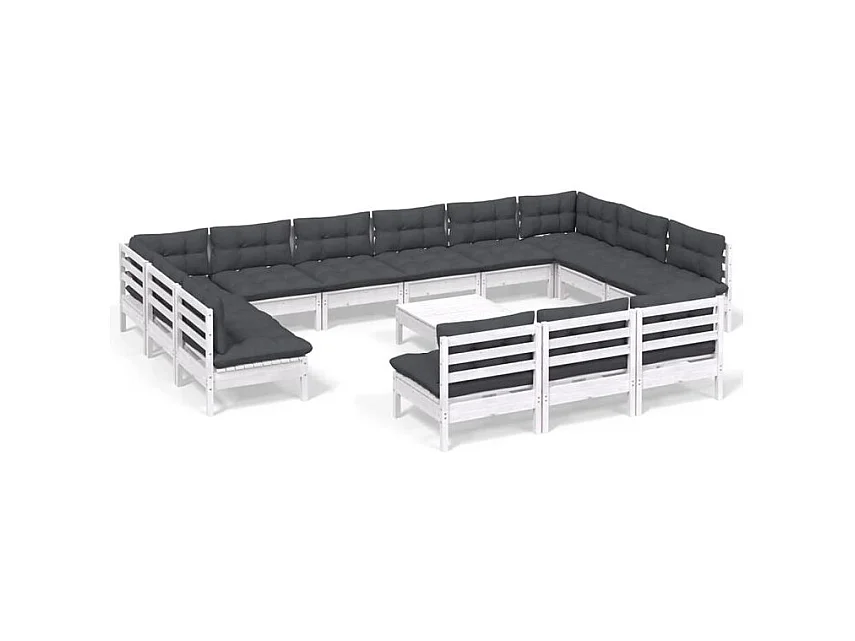 Salon de jardin 14 pcs avec coussins blanc bois de pin solide
