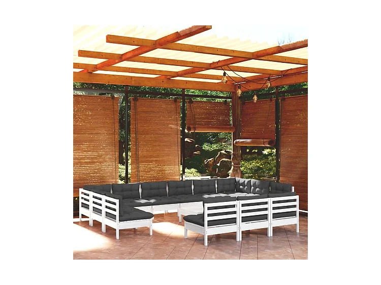 Salon de jardin 14 pcs avec coussins blanc bois de pin solide