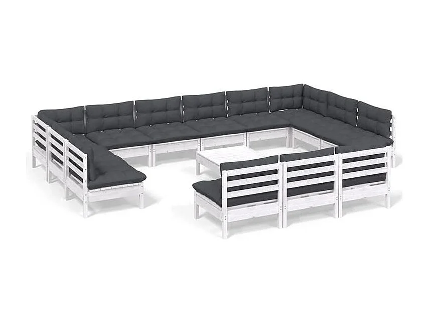 Salon de jardin 14 pcs avec coussins blanc bois de pin solide