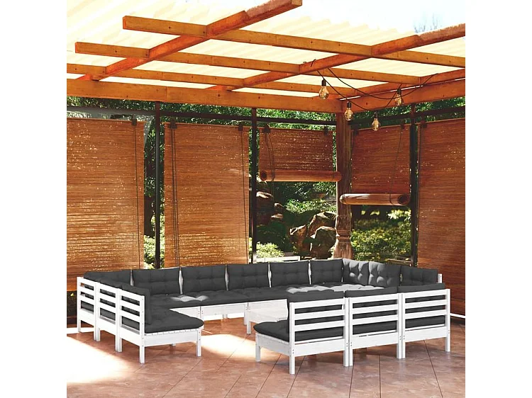 Salon de jardin 14 pcs avec coussins blanc bois de pin solide