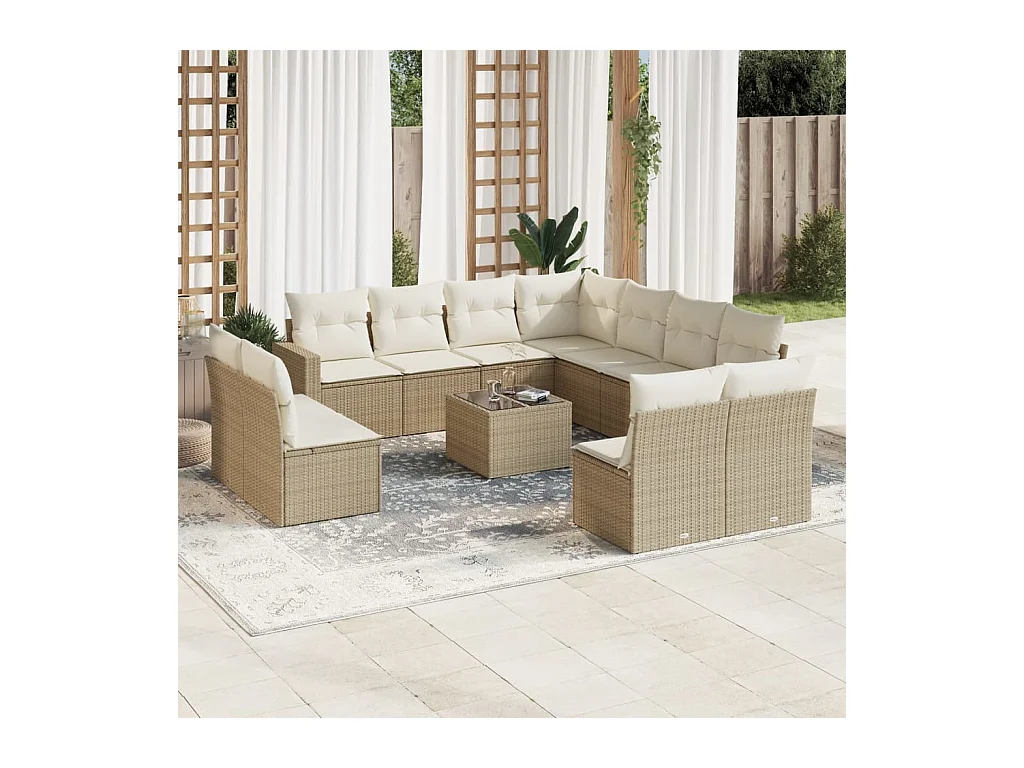 Salon de jardin avec coussins 12 pcs beige résine tressée