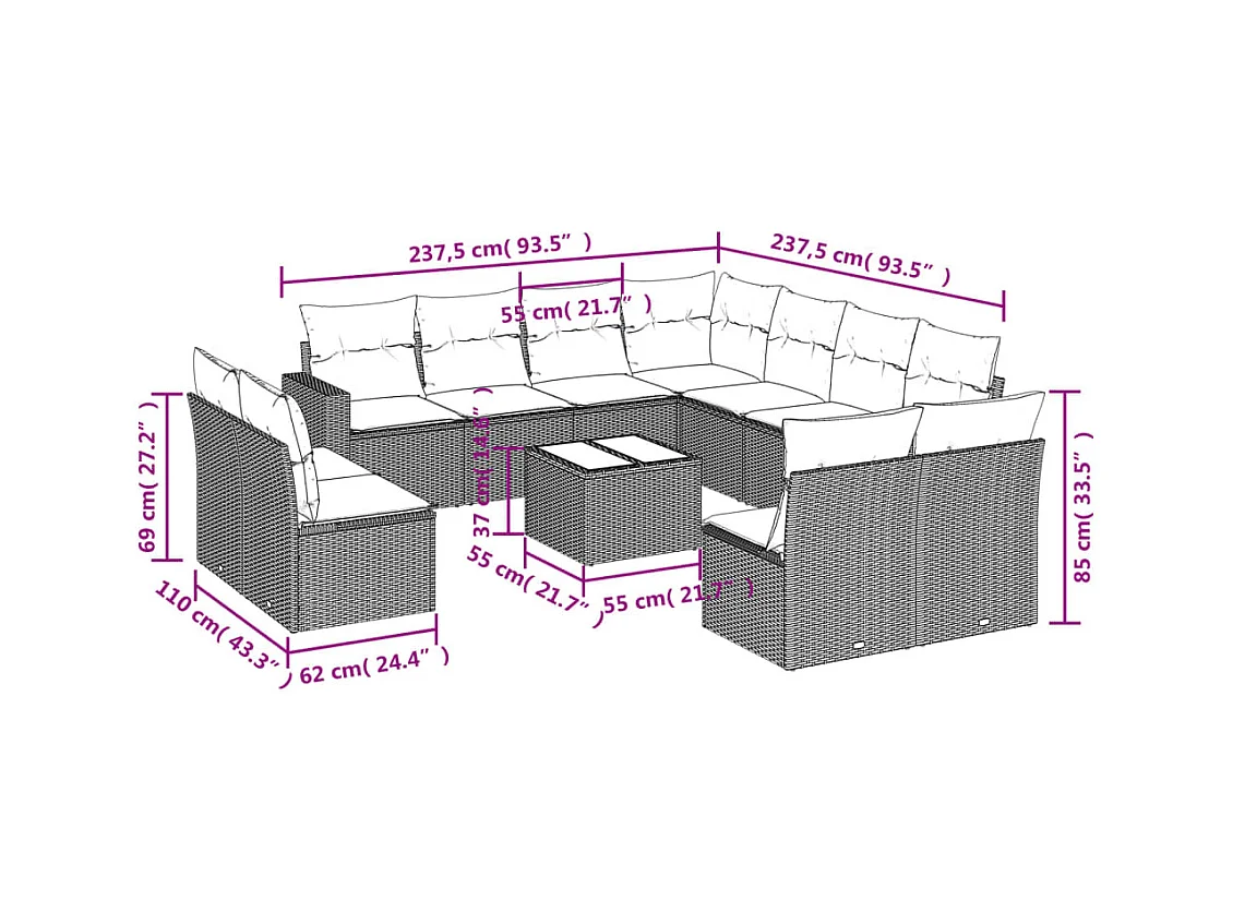 Salon de jardin avec coussins 12 pcs beige résine tressée