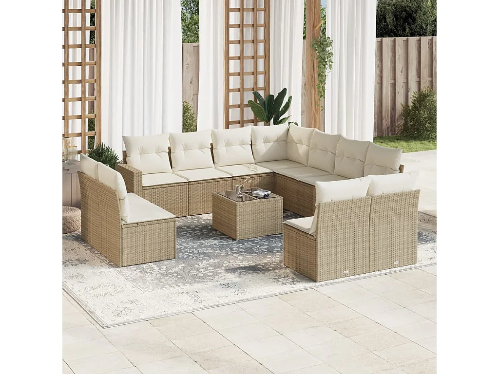Salon de jardin avec coussins 12 pcs beige résine tressée