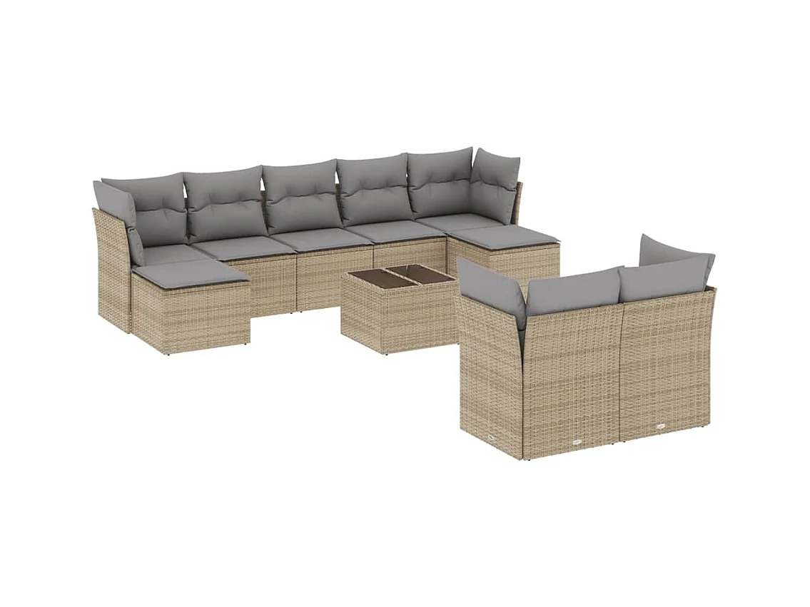 Salon de jardin avec coussins 10 pcs beige résine tressée
