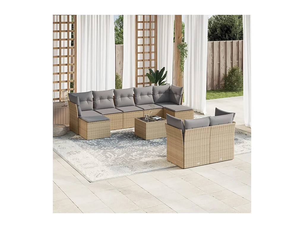 Salon de jardin avec coussins 10 pcs beige résine tressée