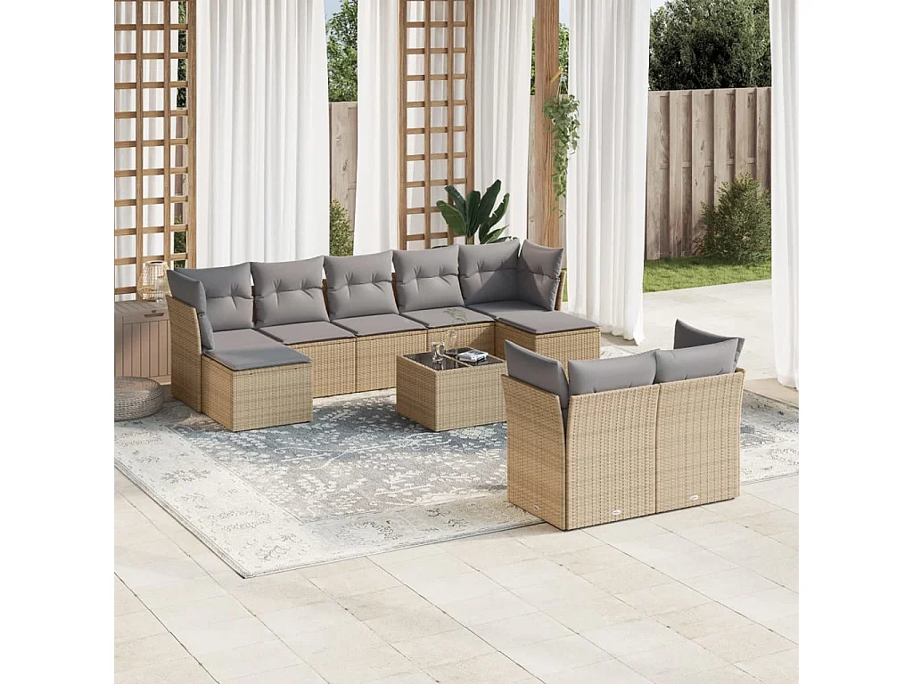 Salon de jardin avec coussins 10 pcs beige résine tressée