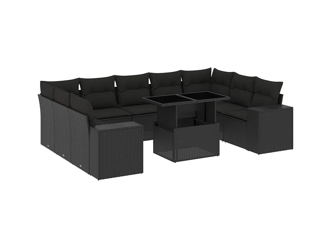 Salon de jardin 10 pcs avec coussins noir résine tressée