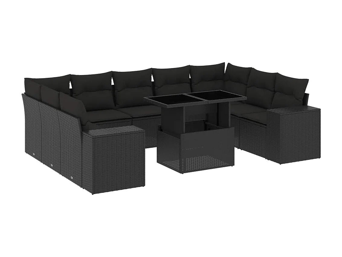 Salon de jardin 10 pcs avec coussins noir résine tressée