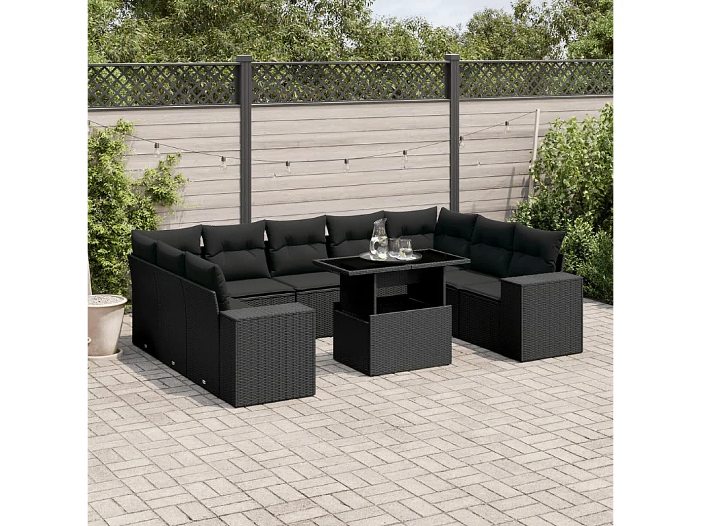 Salon de jardin 10 pcs avec coussins noir résine tressée