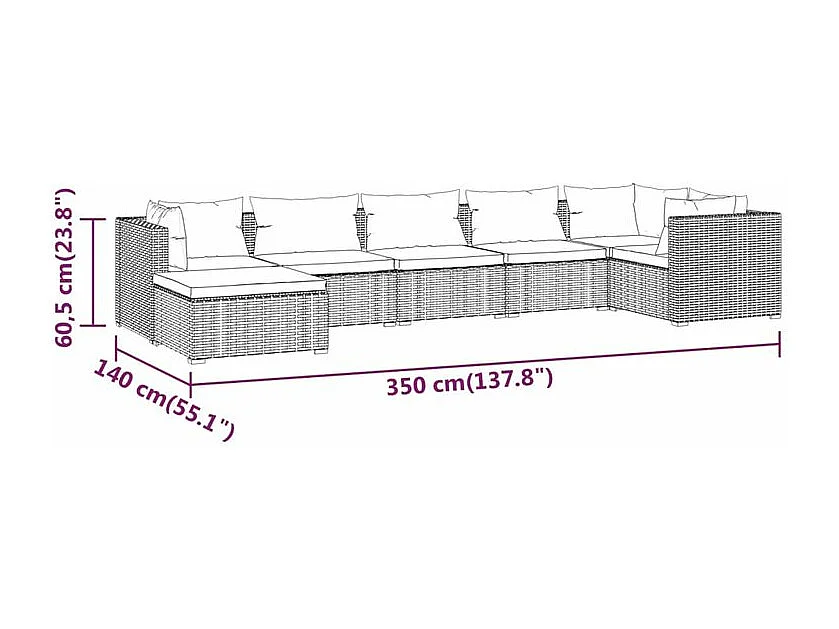 Salon de jardin 7 pcs avec coussins Résine tressée Marron