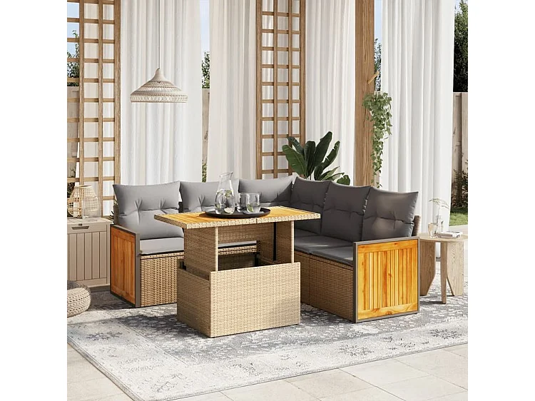 Salon de jardin avec coussins 6 pcs beige résine tressée