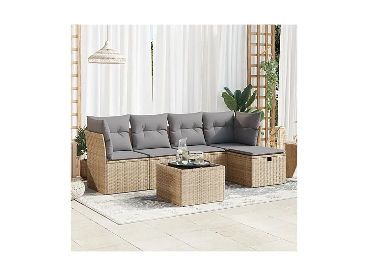 Salon de jardin avec coussins 6 pcs beige résine tressée