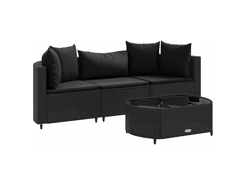 Salon de jardin 4 pcs avec coussins noir résine tressée