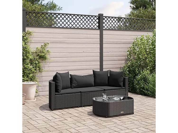 Salon de jardin 4 pcs avec coussins noir résine tressée