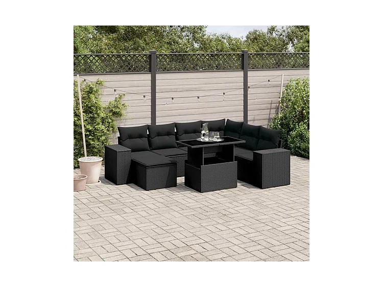 Salon de jardin 8 pcs avec coussins noir résine tressée