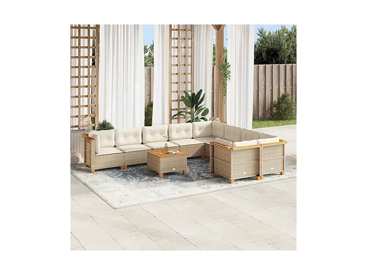 Salon de jardin avec coussins 10 pcs beige résine tressée