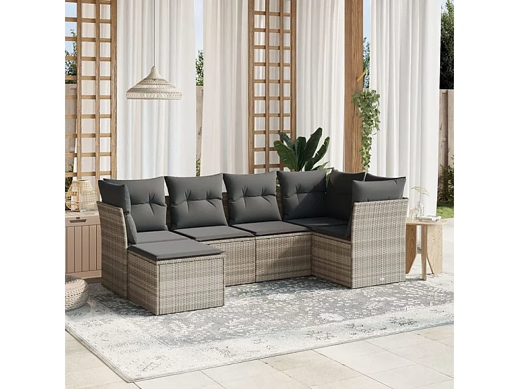 Salon de jardin 6 pcs avec coussins gris clair résine tressée