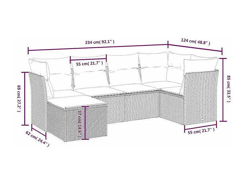 Salon de jardin 6 pcs avec coussins gris clair résine tressée