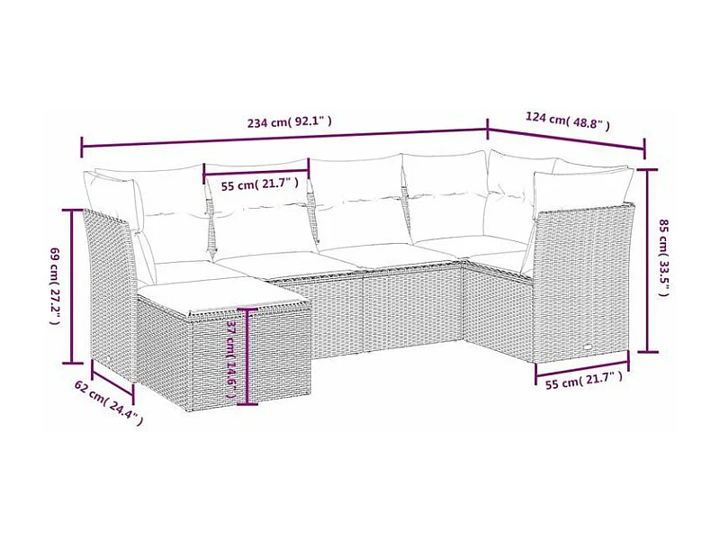 Salon de jardin 6 pcs avec coussins gris clair résine tressée