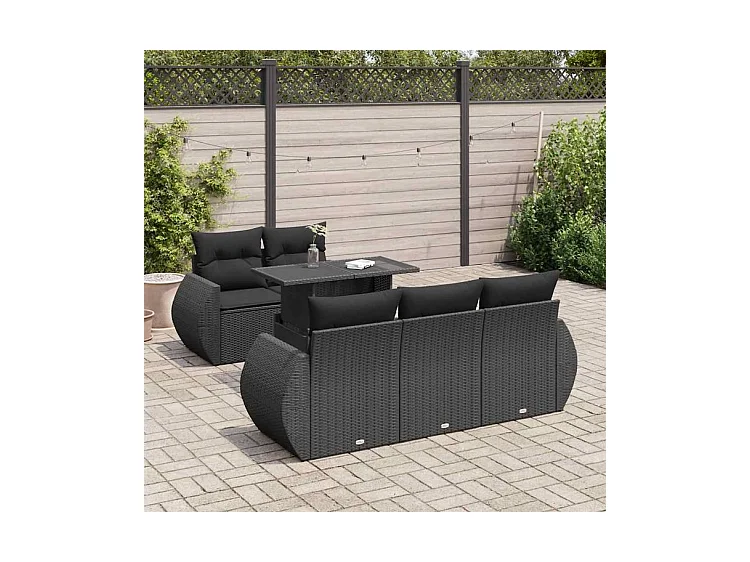 Salon de jardin 6 pcs avec coussins noir résine tressée