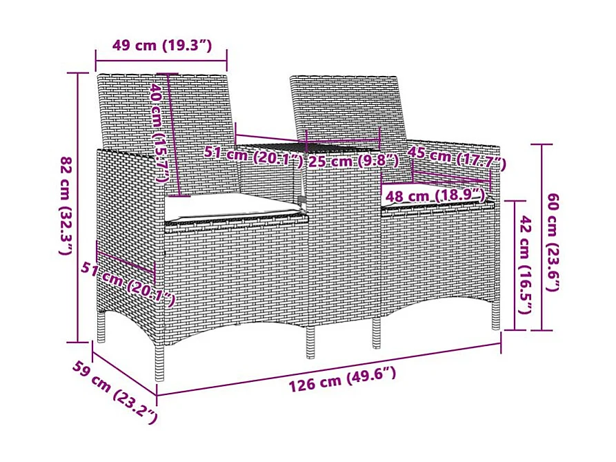 Canapé de jardin 2 places avec table et coussins résine tressée
