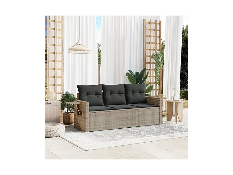 Salon de jardin avec coussins 3 pcs gris clair résine tressée