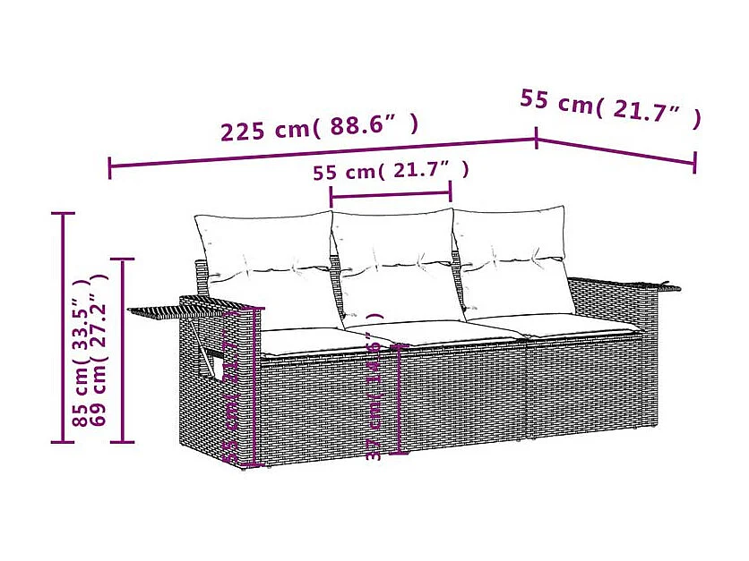 Salon de jardin avec coussins 3 pcs gris clair résine tressée
