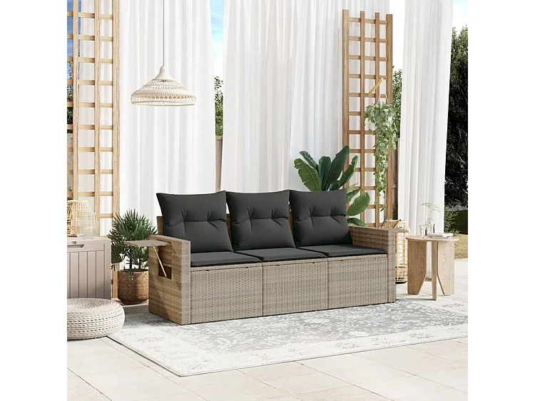 Salon de jardin avec coussins 3 pcs gris clair résine tressée