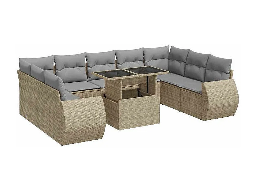 Salon de jardin avec coussins 10 pcs beige résine tressée