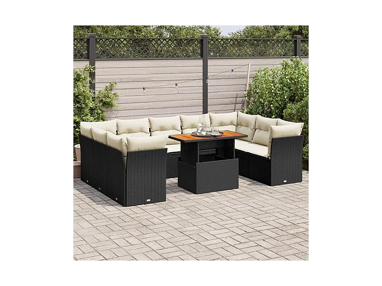 Salon de jardin 10 pcs avec coussins noir résine tressée