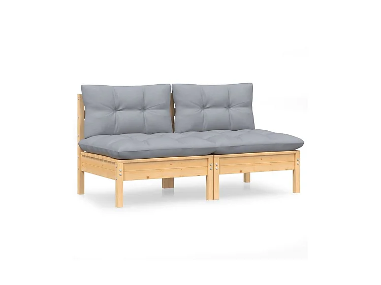 Canapé 2 places de jardin et coussins gris Bois de pin solide