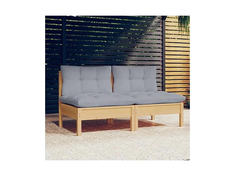 Canapé 2 places de jardin et coussins gris Bois de pin solide