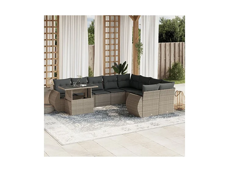 Salon de jardin avec coussins 10 pcs gris clair résine tressée