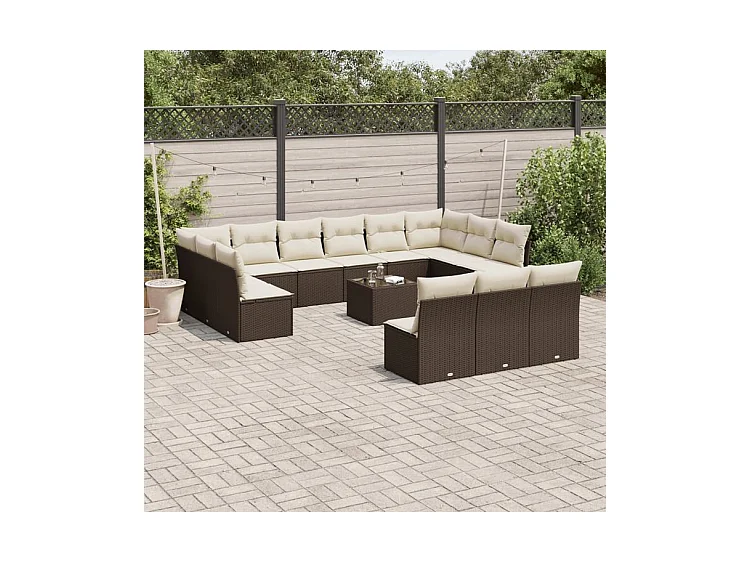 Salon de jardin avec coussins 14 pcs marron résine tressée